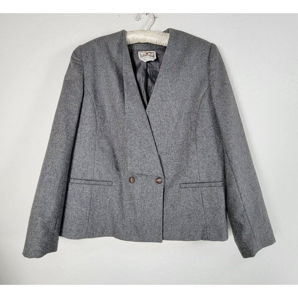 Vintage 1980's Plum Tree Womens Wool Blend Double Breasted Blazer Jacket Gray
